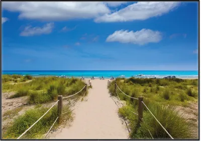 Produktbild von Wallario Wandbild Sandweg zum blauen Meer mit blauem Himmel, Größe: 70,30 x 100,30 cm, Poster mit schwarzem Aluminiumrahmen
