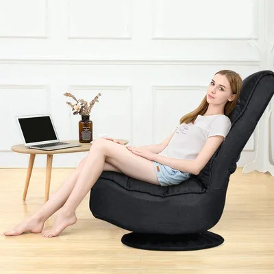 Produktbild von 360°Drehbarer Bodensessel Bodenstuhl, Bodenkissen in 5 Positionen verstellbare Rückenlehne, Gepolstertes Klappsofa Bodenstuhlsofa, 120kg Belastbar Faules Sofa für Wohnzimmer Büro (Schwarz)