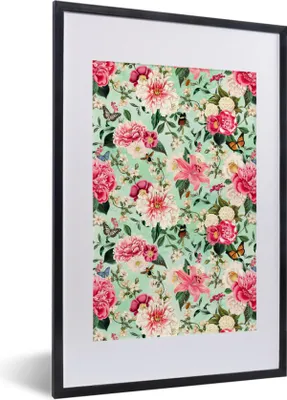 Produktbild von MuchoWow® MuchoWow® Gerahmtes Poster Blumen - Rosa - Schmetterling 40x60 cm - Poster mit zchwarzem Bilderrahmen - Poster in Rahmen