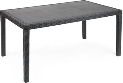 A dark grey rattan-effect outdoor dining table on a white background.