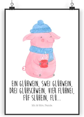 Produktbild von Mr. & Mrs. Panda Bild Schweinchen Glühwein DIN A4 - Weiß - Geschenk, drucke, Plakat, wanddeko, Weihnachten, Spruch, Betrunken, Wandbild, typografie poster