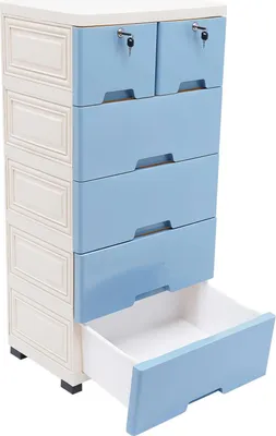 Immagine prodotto di Cassettiera in plastica - Comò - 6 cassetti - 5 ripiani - Con rotelle - Plastica PP - 102×50×34,8 cm - Portata 25 kg - Blu