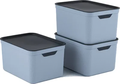 Three blue storage boxes with black lids are stacked and arranged on a white background.