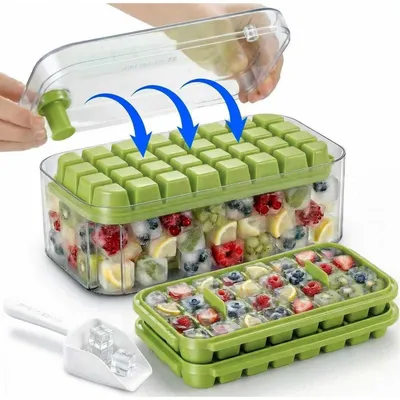 Zdjęcie produktu dla Pojemnik na kostki lodu z pokrywą i łopatką, pojemność na 64 kostki lodu, kolor: zielony