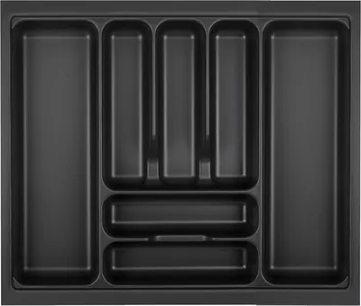 A top-down view of an empty black cutlery organizer tray.