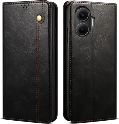A black leather flip phone case is shown from two angles.