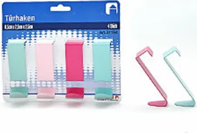 Produktbild von 4 Türhaken, 8,5 x 2,5 x 2,5cm, farbl.sortiert, Eisen pulverbeschichtet