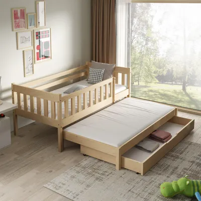 Produktbild von Masseno Kinderbett STELLA 80x160 cm mit Schublade, Rausfallschutz, Kinderbett mit Leiter für Mädchen und Jungs, Stockbett 2 Kinder, Kieferfarben