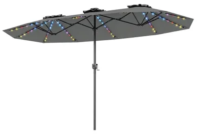 Produktbild von COSTWAY Doppel Sonnenschirm 440x260cm, Terrassenschirm mit Kurbel, LED-Solarbeleuchtung, 12 Lichtmodi & 2 Ladeoptionen, Gartenschirm, Marktschirm Grau