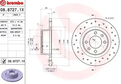 Produktbild von 2x BREMBO Bremsscheibe 08.8727.1X für CITROËN C5 III Kombi (RW_) C5 III (RD_)