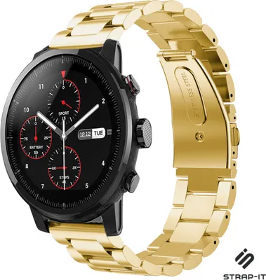 Produktbild von Strap-it Stahlarmband - Kompatibel mit Amazfit Stratos Armband Ersatzarmband Edelstahl - Gliederarmband mit Faltschließe - Hochwertiges Material - für Smartwatch 22mm Armband Gold