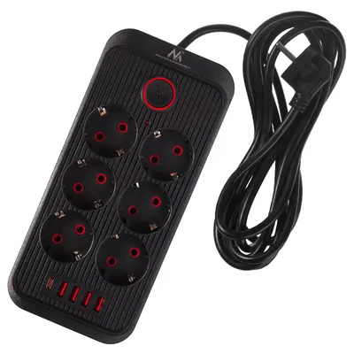 Obrázek produktu pro Maclean zásuvková lišta 6cestný prodlužovací kabel + 4xUSB 110-240V AC 50/60Hz 2,1A max. 2500W 3m černý MCE391 B