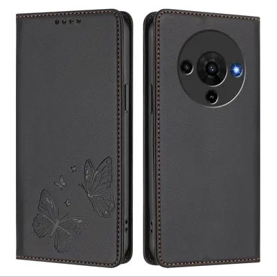 Image de Étui en cuir pour ZTE Blade A76 5G, motif papillon, étui portefeuille à rabat avec support, noir