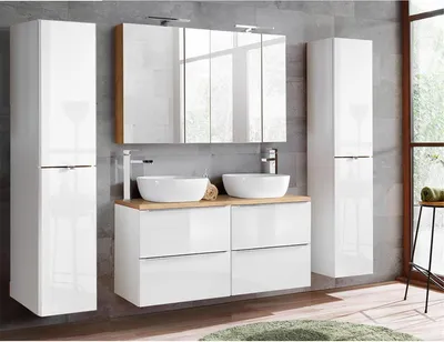 Produktbild von Badmöbel Set mit Doppel-Waschtisch inkl. 2 Aufsatzwaschbecken TOSKANA-56 Hochglanz weiß & Wotaneiche, B/H/T ca.: 220/200/46cm