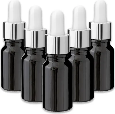 Produktbild von 5x Schwarze Glasflasche 10 ml mit silberner Pipette – Kosmetikflasche