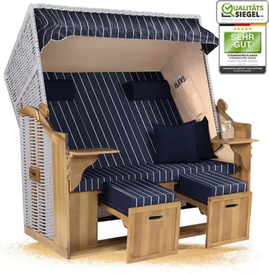 Produktbild von Strandkorb Ostsee 2,5-Sitzer 150cm breit in Beige Weiß Blau Nadelstreifen Zerlegt ideal für Balkon, Terrasse oder Garten