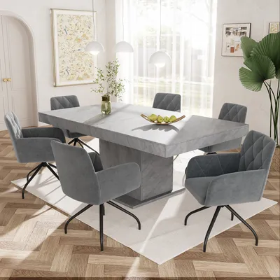 Produktbild von Flieks Polsterstuhl Esszimmerstuhl 6er Set mit Metallbeinen, Drehstuhl 360° Drehbar, Samtstuhl Schminkstuhl mit Arm- und Rückenlehnen, Dunkelgrau