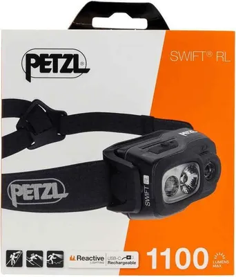 The image shows the packaging of a Petzl SWIFT RL headlamp.
