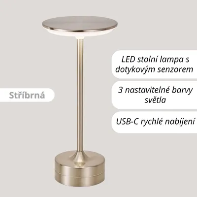 Obrázek produktu pro LED stolní lampa s dotykovým senzorem – 3 úrovně barevného světla, stmívatelná – USB dobíjecí & bezdrátová – Moderní noční lampička – Stříbrná