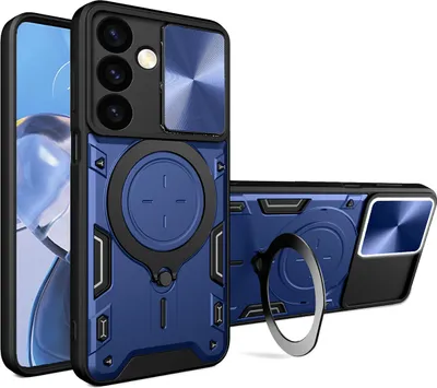Produktbild von Handyhülle für Samsung Galaxy S24 Dual-Layer Stoßfest Rüstung Hülle mit Dia Kameraschutz und Kreisförmig Ring Ständer Blau