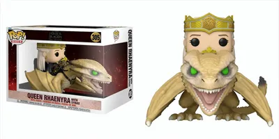A product image showing a Funko Pop! Rides figure of Queen Rhaenyra on her dragon Syrax, both in and out of its packaging.