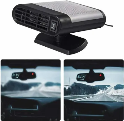 A car heater and two views from inside a car showing clear and frosted windshields.