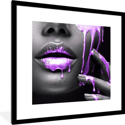 Produktbild von MuchoWow® MuchoWow® Gerahmtes Poster Lippen - Schwarz - Lila 40x40 cm - Poster mit zchwarzem Bilderrahmen - Poster - Plakat im Rahmen
