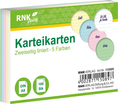 Immagine prodotto di RNK Verlag 115089 Schede - DIN A8, foderate, colori assortiti, 100 schede