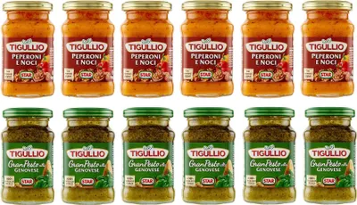Produktbild von Testpaket Star Tigullio Pesto alla Genovese mit basilikum - Pesto Peperoni e Noci mit Pfeffer und Walnüssen Sauce Soße ( 12 x 190g ) würzsaucen