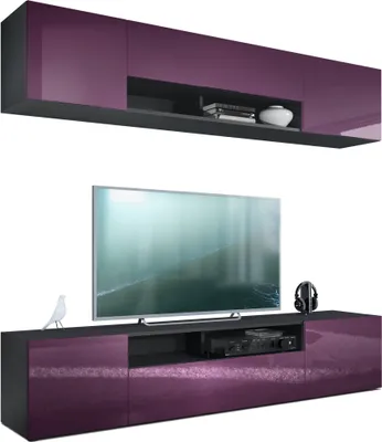 Produktbild von Vladon Wohnwand Mogan, Schwarz matt/Brombeer Hochglanz - Moderne Anbauwand bestehend aus 2 TV-Boards (181 x 147 x 35 cm)