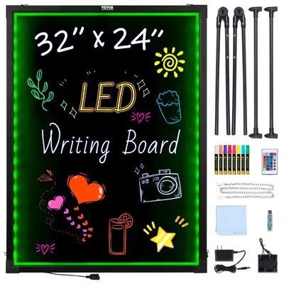 A product image of an LED writing board with various accessories and drawings on the board.