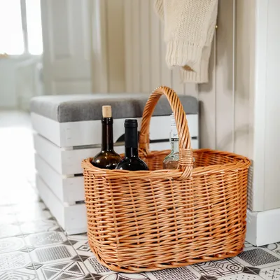 Immagine prodotto di Creative Home Cestino per Bottiglie in Vimini Porta Bottiglie di Vino, Acqua, Birra | Cestino in Vimini 40x31x38cm con Manico Portabottiglie 6 Posti