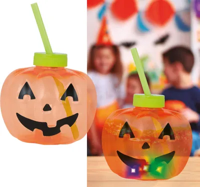 Produktbild von Halloween Kürbis Trinkbecher Horrorparty Strohhalm Gruselgesicht Herbstfest Dekoration Tischdeko Mottoparty Geisterfeier Gruselnacht, Farbe: Orange
