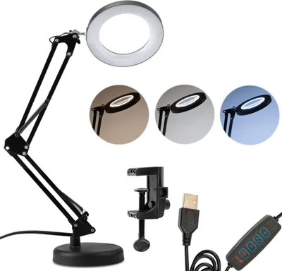 Produktbild von LUMILED LED 8W Schreibtischlampe Schwarz Lupenlampe Dimmbar 3x Vergrößerung Lupe Farbwechsel CCT 3000/4500/6000K USB-C Schwenkarm Tischklemme 400lm Schwenkarm mit Licht und Ständer USB Arbeitsplatzlampe Glaslinse Kosmetiklampe Basteln Lesen
