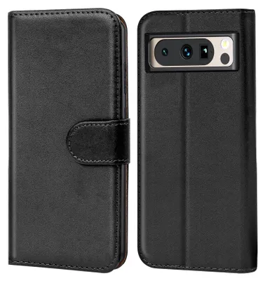 A black book-style phone case for a Google Pixel 8 Pro is shown from the front and back.