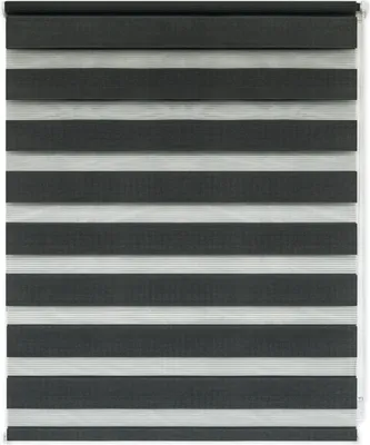 A close-up view of a window blind with alternating opaque and sheer horizontal stripes.