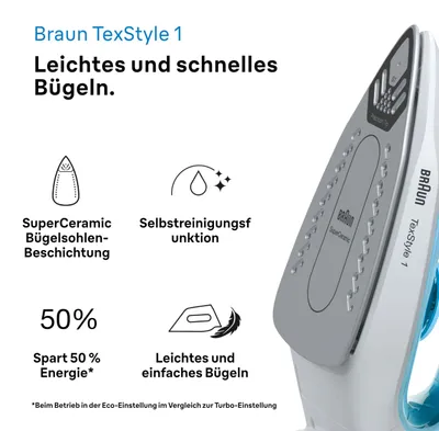 Image de Braun TexStyle 1, fer à vapeur SI 1050BL - Fer à repasser avec semelle SuperCeramic