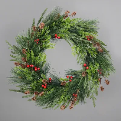 Produktbild von XL Weihnachts Adventskranz Tannen Kiefer Mix mit Zapfen D. 54cm grün rot DPI WA