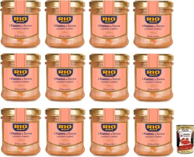 Produktbild von 12x Rio Mare Filettini di Tonno all'Olio di Oliva, Thunfischfilets in Olivenöl,Glas mit 130g + Italian Gourmet Polpa di Pomodoro 400g Dose