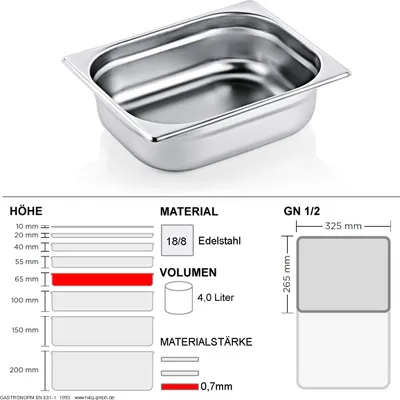 Gastronorm Behälter GN 1/2 - 65mm - GN90 - 18/8 Edelstahl - 0,7mm