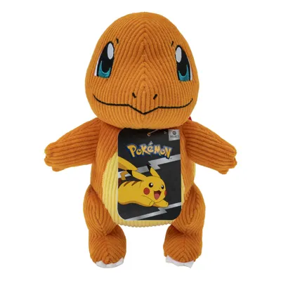 A plush toy of the Pokemon character Charmander is shown against a white background. A tag with the Pokemon logo and an image of Pikachu is attached to the toy.