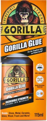 The image shows the packaging of Gorilla Glue, featuring the brand's iconic gorilla logo and product details.