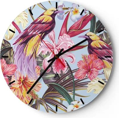 Produktbild von Wanduhr - Rund - Glasuhr - Blume Vogel Sommer - 30x30cm - Schleichendes Uhrwerk - Lautlos - zum Aufhängen bereit - Dekoration Modern - Wanddekoration aus Glas - C3AR30x30-3485