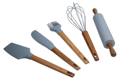 5-tlg. Küchenhelfer-Set, Silikon & Akazienholz, grau