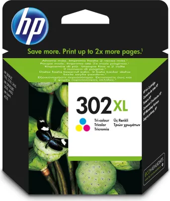 The image shows the packaging of an HP 302XL Tri-color ink cartridge, featuring a close-up of lotus seed pods and a butterfly.