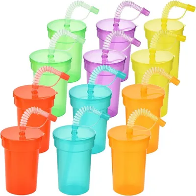 Image de Verres de fête avec couvercle et pailles, néon, 380 ml, lot de 12