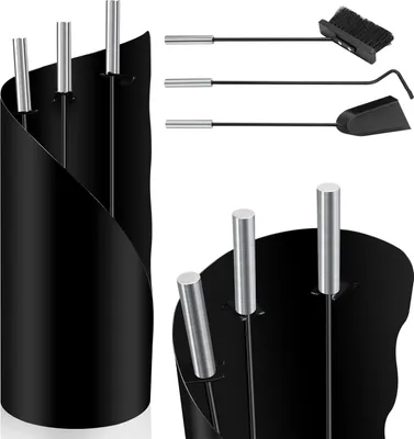 Immagine prodotto di Jopassy Set per caminetto in acciaio inox nero da 4 pezzi, comprendente scopa, paletta per la cenere, attizzatoio, supporto con schermo per la privacy