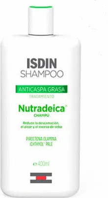 A white bottle of ISDIN Nutradeica shampoo against a white background.