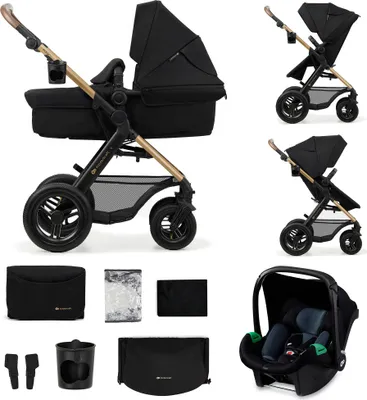 A collage of images showing a black Kinderkraft MOOV 2 AIR 3-in-1 stroller in various configurations and with accessories, along with a separate car seat.