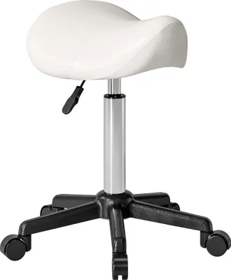 Image de HOMCOM Tabouret à roulettes, tabouret de massage avec hauteur réglable 45-57 cm et selle ergonomique, chaise de travail à roulettes pivotant 360°, pour salon de massage, tatouage, clinique, spa, blanc